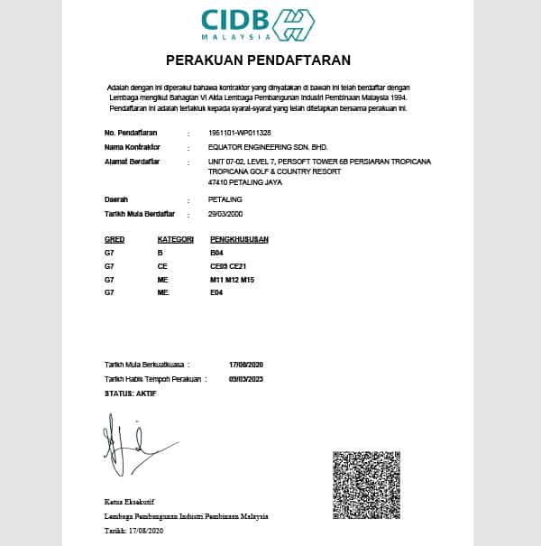 CIDB Certificates – Equator Engineering Sdn. Bhd.